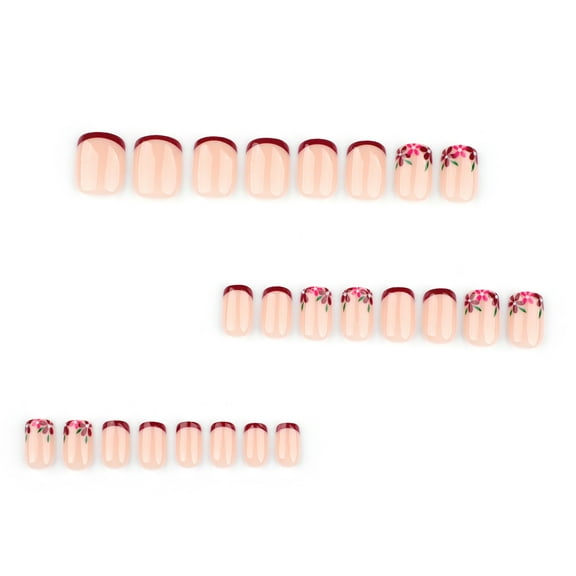LEHOZIHEQ Spring Press, on Nails Short Square Red French Tip Fake Nails, Pink Acrylic Nails Press ons Flowers False Nails Glossy Full Cover Glue on Nails