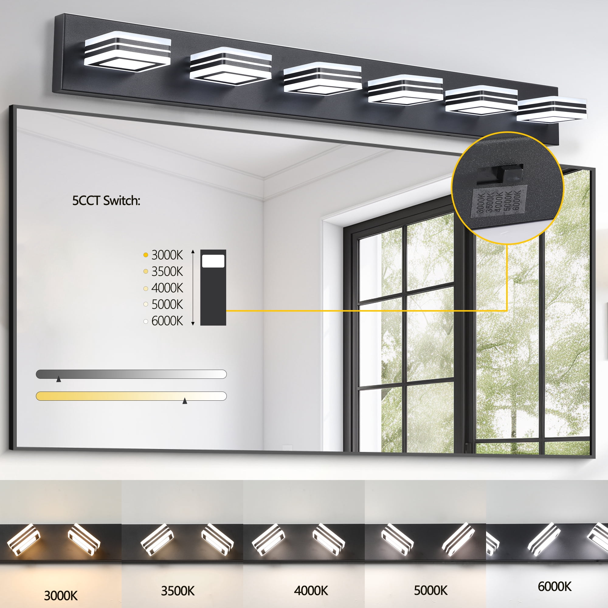 Leumius 40" Modern 6-Light LED Vanity Light, Square Acrylic Lampshades Wall Mount Fixture for Mirror, Bathroom, Bedroom and Hallway Black