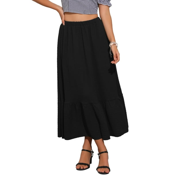 Falda A-Line de Verano INSPIRE CHIC para Mujer, Cintura Alta Elástica, Sólida, Fluida, Casual, Midi, S Negro