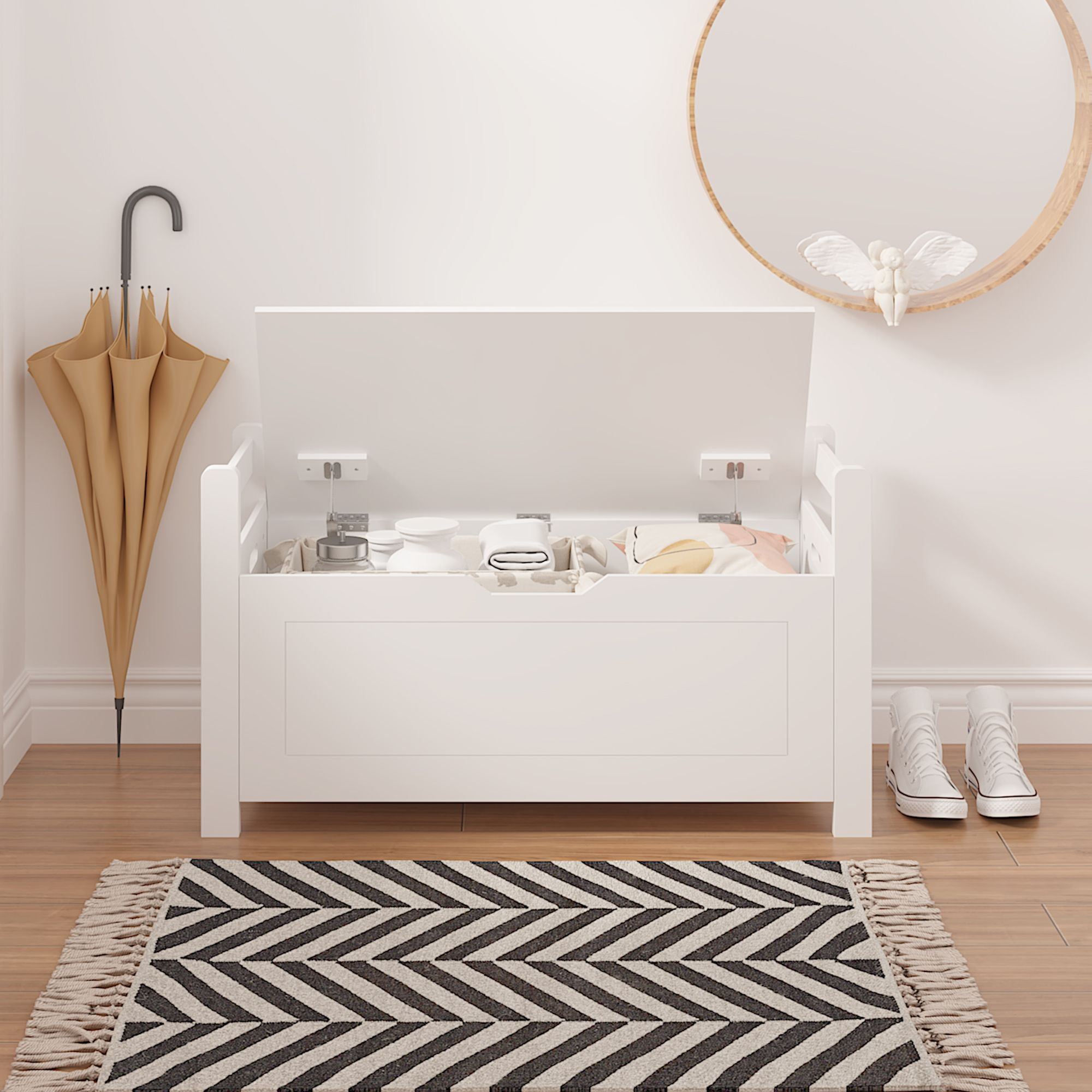 Demi Bonn 35" Storage Bench with Cushion, Lift-Top Toy Storage Organizer Trunk with 2 Safety Hinges, Wood Storage Box Chest for Bedroom, Entryway, Living Room, White