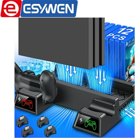 ESYWEN PS4 Stand with Cooling Fan for PS4 Slim/ PS4 Pro/ PlayStation4, PS4 Accessories with PS4 Controller Charger Station & 12 Game Storage for Playstation 4 Consoles