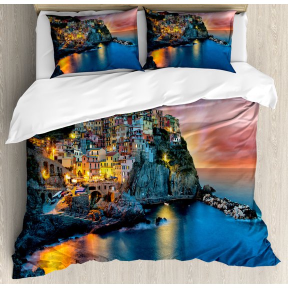 Vernazza Duvet Cover Set Queen Size, Fantastic Vivid Night View of Small Sea Coast Manarola Village Landscape Photo, Decorative 3 Piece Bedding Set with 2 Pillow Shams, Multicolor, by Ambesonne