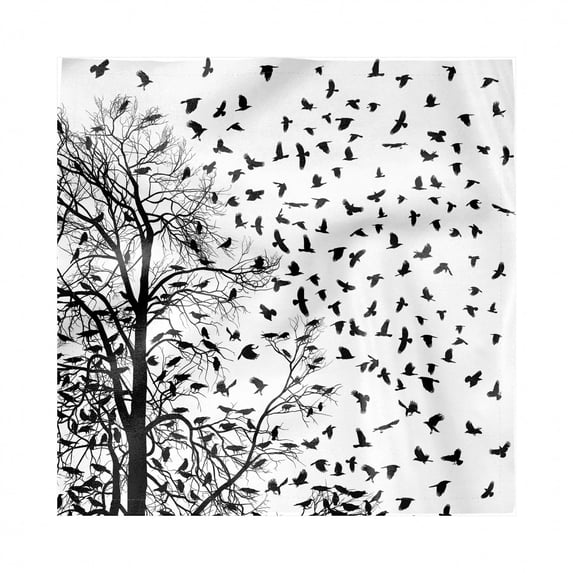 Black and White Decorative Satin Napkins Set of 4, Tree Birch Branches Flying Birds Natural Life Fall Themed Silhouette Style, Square Fabric Party & Dinner Napkin, 18", Black White, by Ambesonne