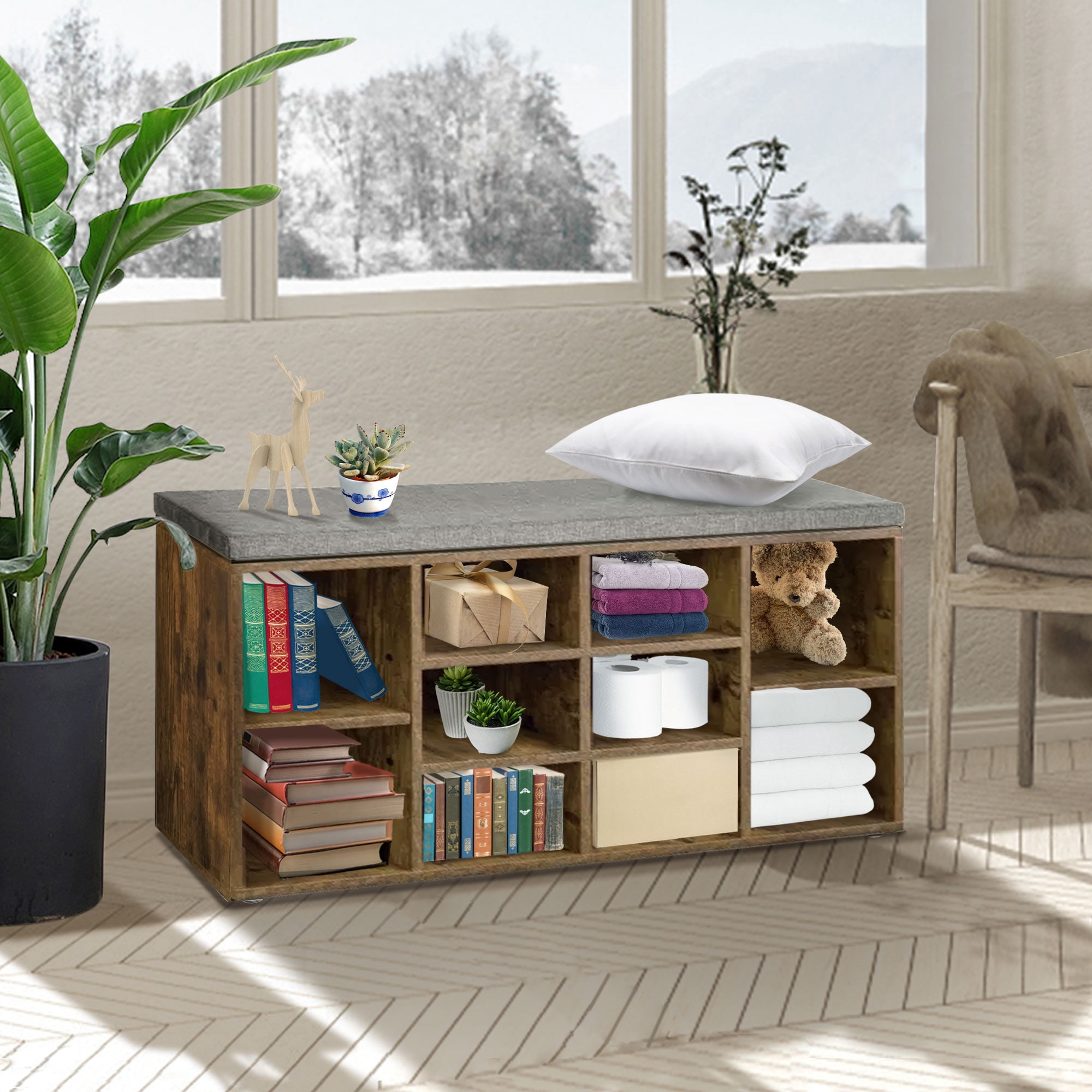 Shoe Bench Storage Bench with cushion, Entryway Bench with Storage, 10 Compartments Shoe Organizer with 3-Tier Shoe Rack, Adjustable Shelves Shoe Storage for Entryway Hallway Bedroom, Brown
