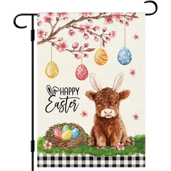 Happy Easter Highland Cow Garden Flag 12×18 Inch Double Side Buffalo Plaid Farmhouse Yard Flag Holiday Outdoor House Decoration