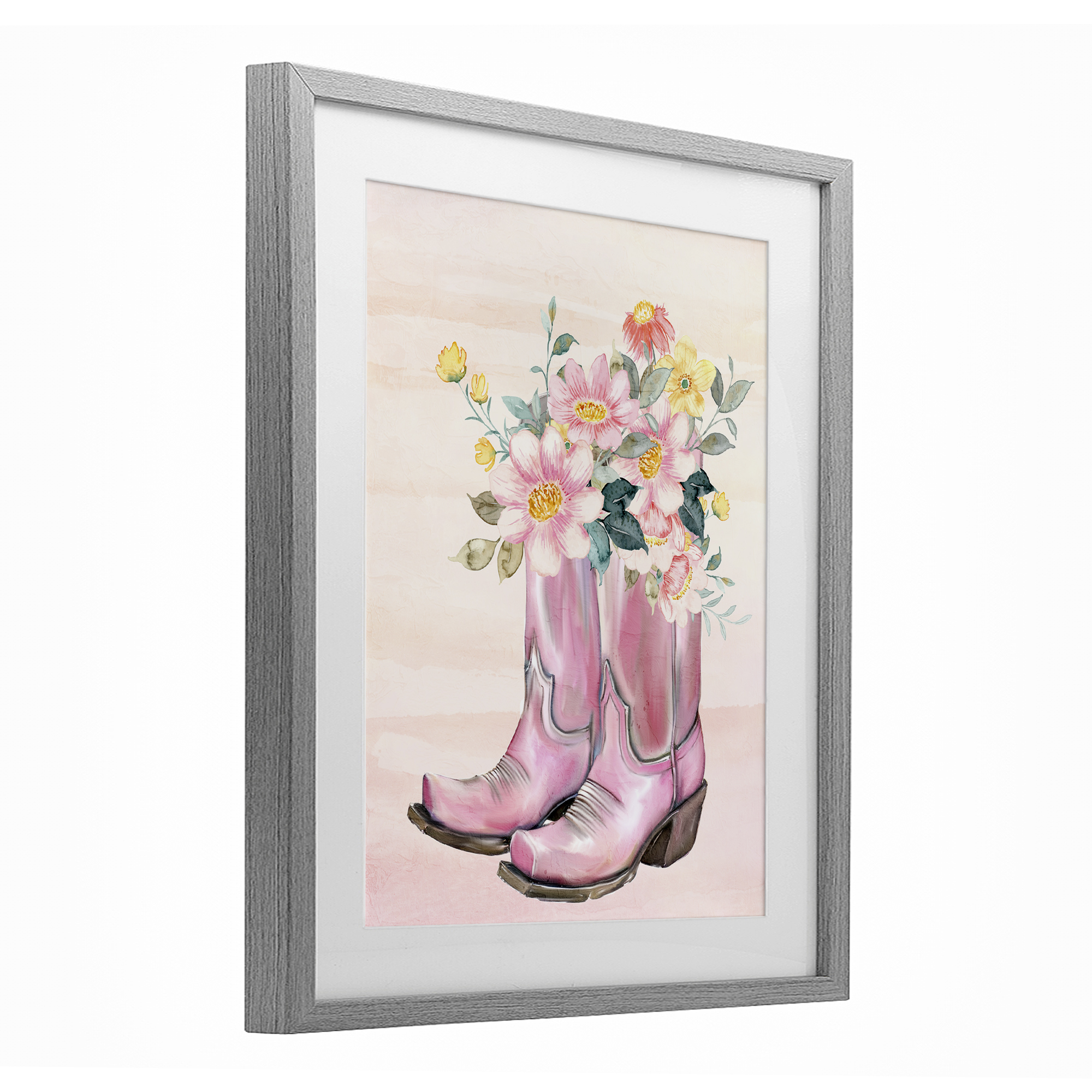 Wildflower Floral Boots Gray Framed Print Under Glass, design by Kim Allen