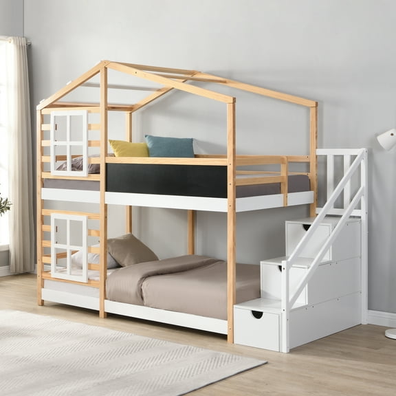 Youmumeub Twin over Twin House Bunk Bed with Storage Stairs & Blackboard, Solid Wood Low Profile Frame with Roof & Windows, White & Natural