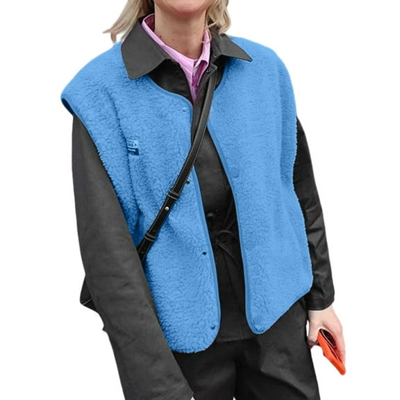 Womens Fleece Sleeveless Jacket Warm Outerwear with Pockets Blue M