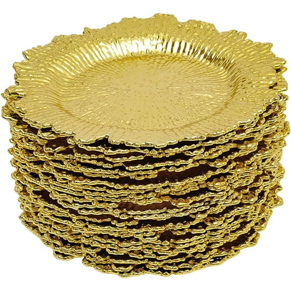 13 inch Charger Plates, 24 pcs Round Plastic Reef Plate Chargers for Wedding Banquets and Celebrations (Golden)