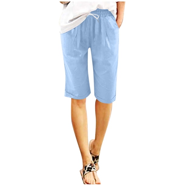 Pantalones Cortos de Sueño para Mujeres Suave Color Sólido Capris, Cordón de Cintura Elástica con Bolsillos para Pijamas de Salón