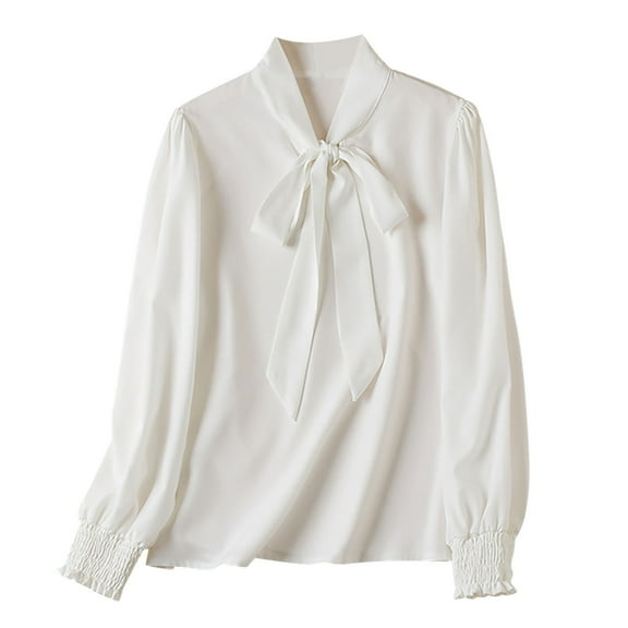 tarylea Women's Trendy Tops V Neck Bow Tie Shirts Chiffon Long Sleeve Solid Color Tops Business Work Office Shirts