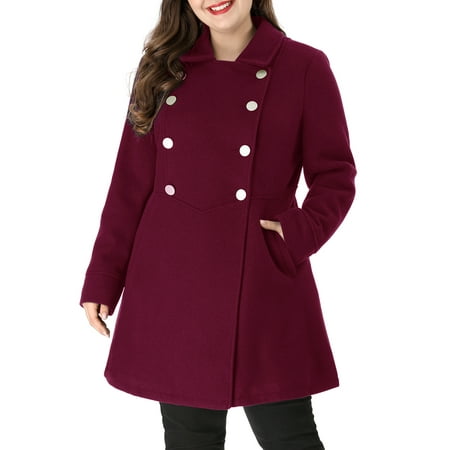 MODA NOVA Juniors Plus Size Turn Down Collar Double Breasted Long Overcoat Burgundy 4X