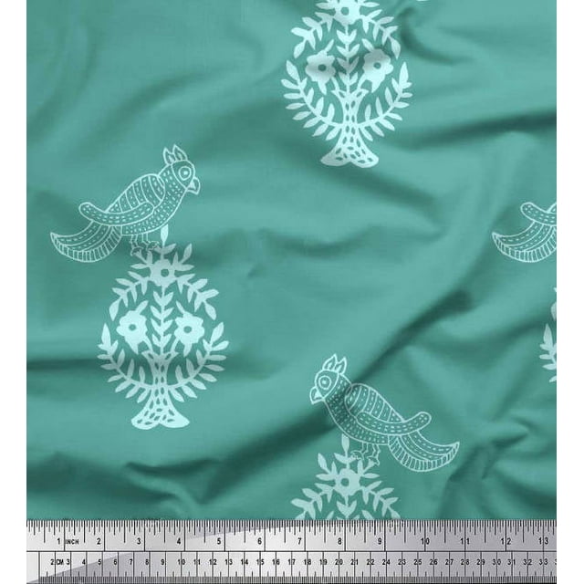 Soimoi Modal Satin Fabric Leaves,Bird & Floral Block Printed Fabric 1 Yard 42 Inch Wide