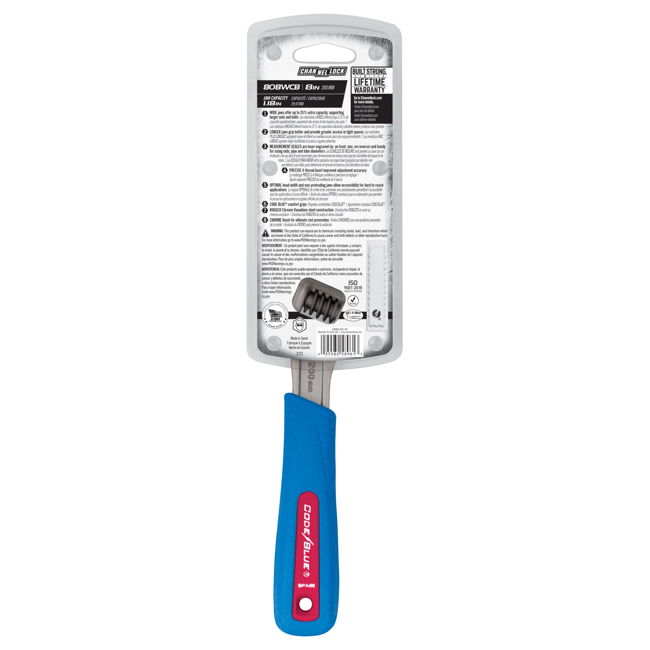 CHANNELLOCK 8-inch CODE BLUE Adjustable Wrench, Precise 1.18-inch Wide Mouth Jaw Capacity (808WCB)