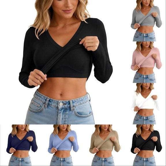 Tqcoqu Women's Built-in Bra Long Sleeve Ribbed Knit Top,V Neck Fitted Stretch Casual Layering Shirt,2026 Fall Casual Daily Outfits