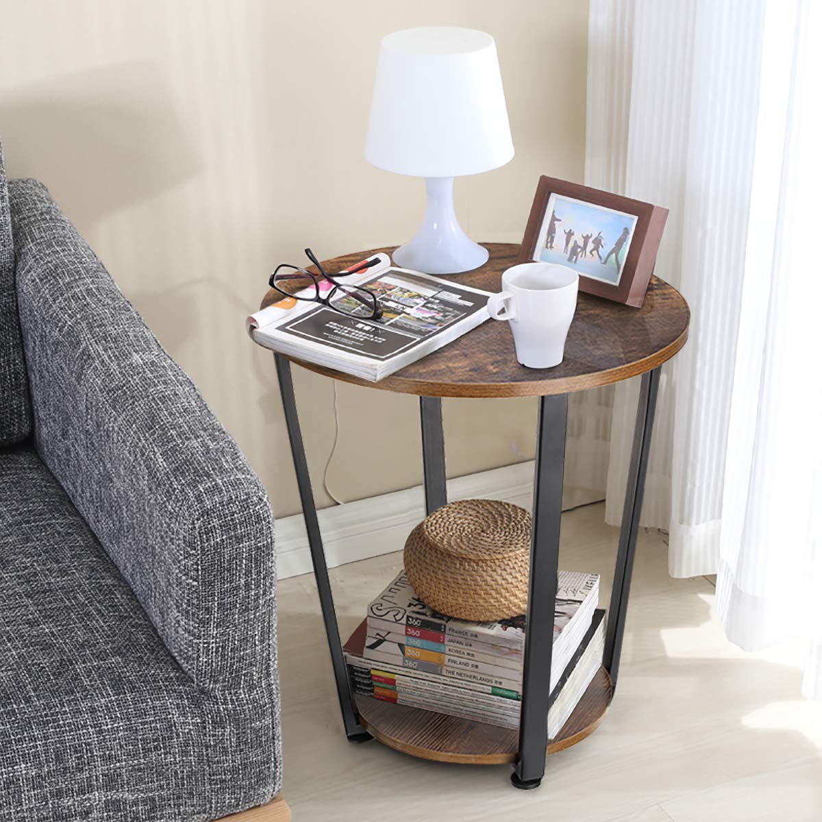 Round Side End Tables Tier Bedside Accent Table for Living Room Bedroom  with Storage