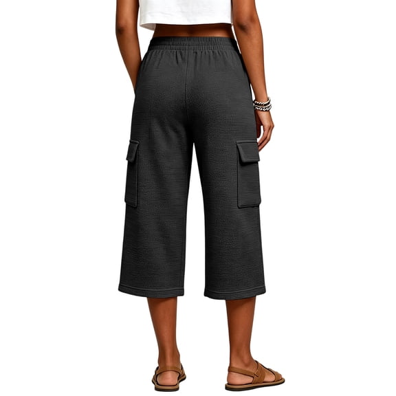 Utoimkio Women's Waffle Knit Capri Pants Drawstring High Waist Relax Fit Cargo Trousers with Side Pockets