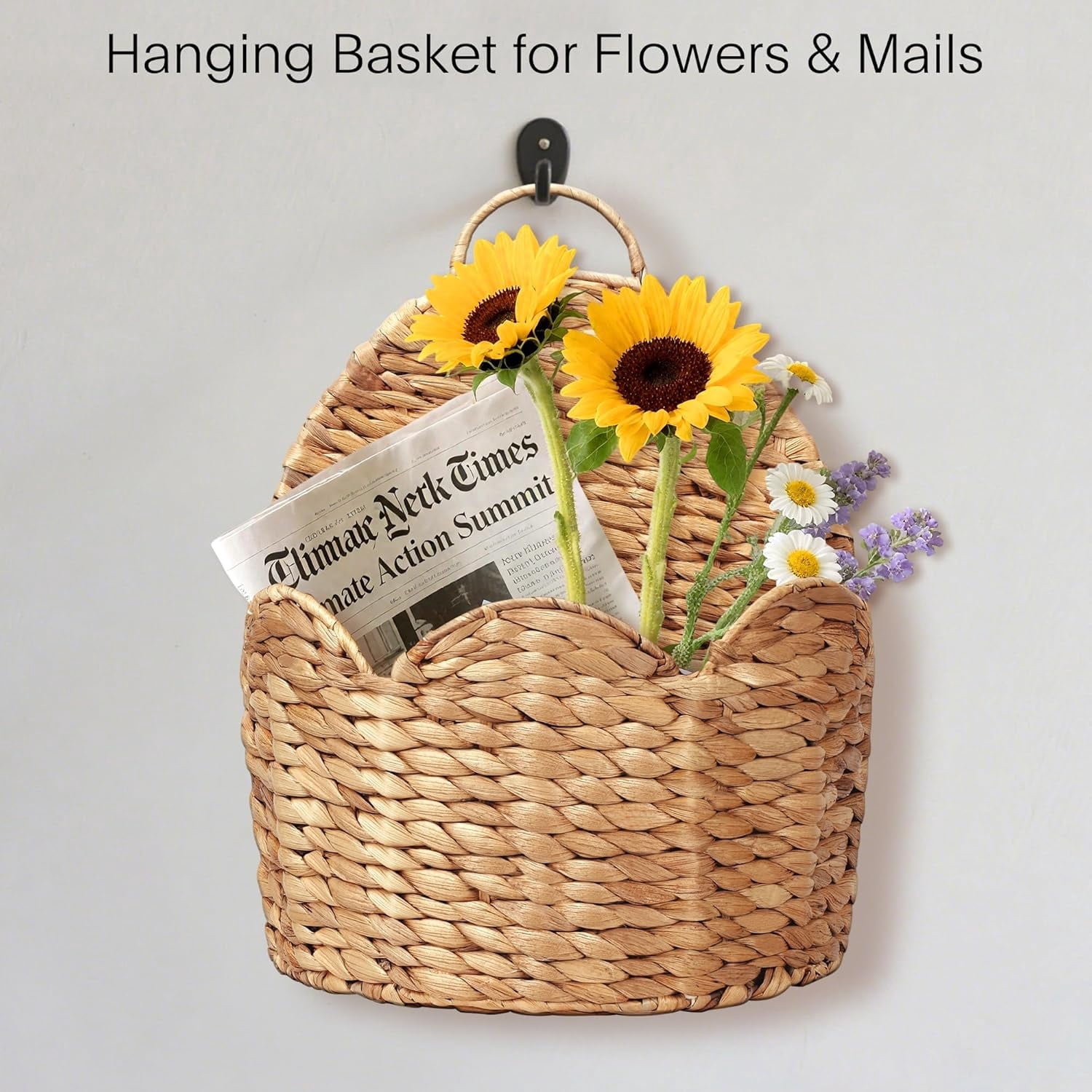 14.9"Door Basket Scalloped Hanging Storage Basket,Water Hyacinth Woven Wall Baskets for Front Door Decor, Hangable Storage Organize for Flowers,Planter,Mails,Wicker Baskets for Organizing Garden()