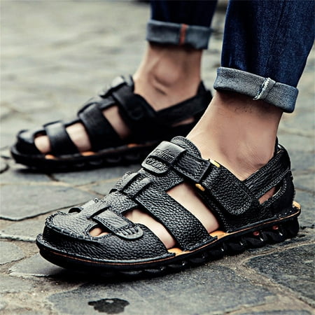 

2022 Summer Mens Leather Sandals Flats Beach Walking Non-SlipSoft Bottom Casual Shoes
