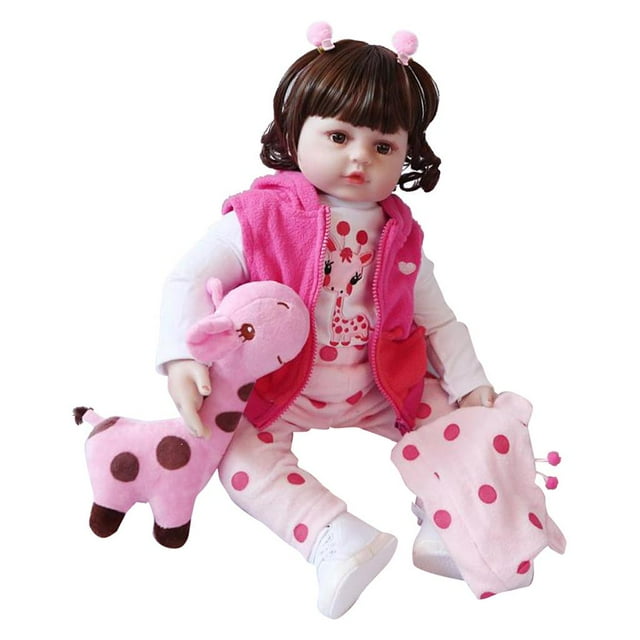 muñeca de vinilo suave sunnimix reborn girl doll 22 55cm muñeca reborn niña de 55 cm en ropa rosa, chaleco y gorro a juego; cuerpo 3/4 de vinilo y torso de tela con extremidades realistas, uñas pintadas a mano, incluye peluche rosa y chupete, colocada en posición sentada.