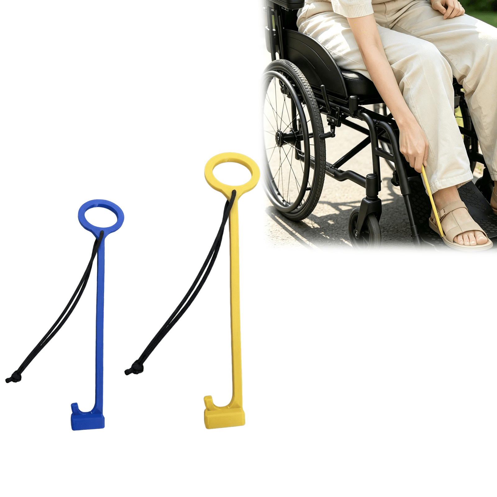 Wheelchair Footplate Hook, Mobility Aid Reacher Hook with Cord, Footrest Assistance Accessory(2-Pack)