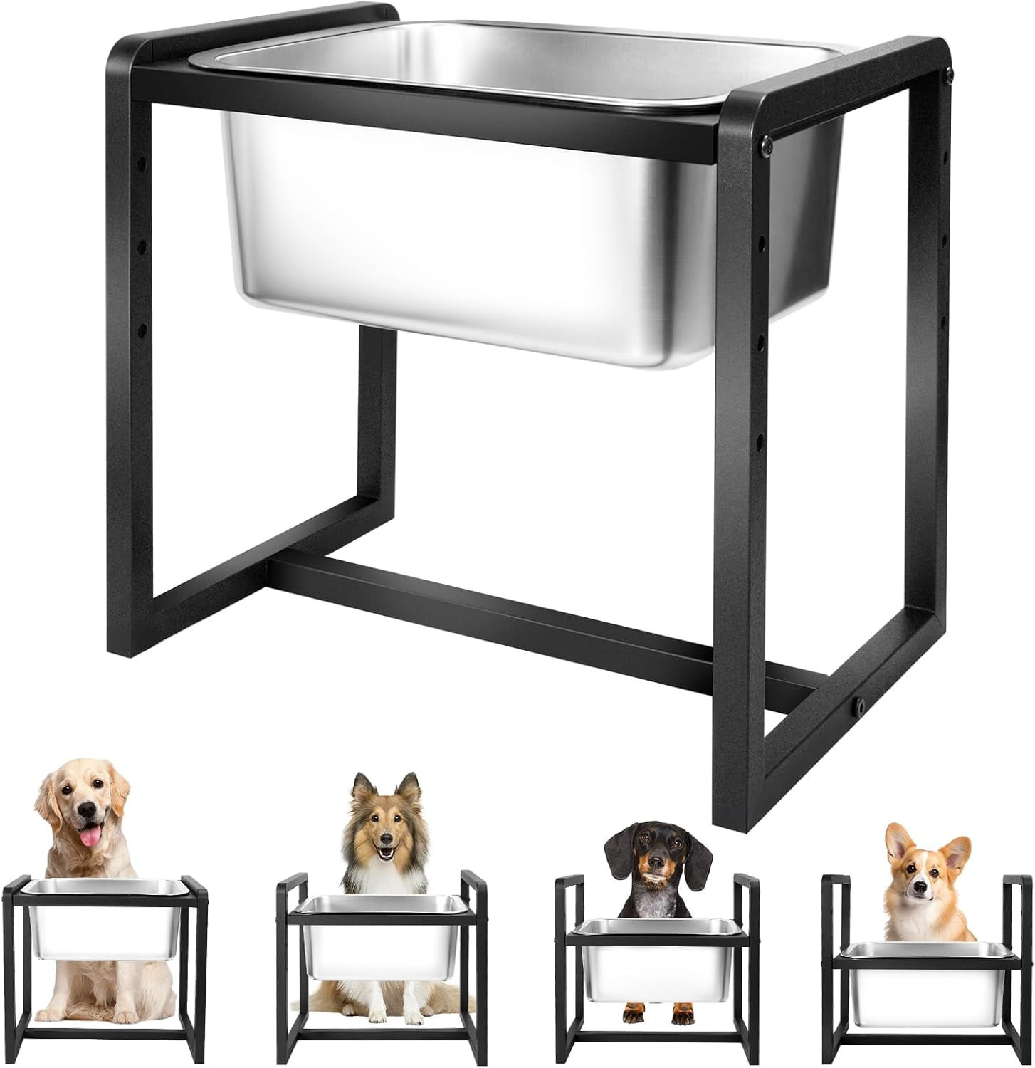 Adjustable Height Elevated Large Dog Water Bowls with Stainless Steel Bowls and Metal Stand，4-Level (8/10/12/14 Inches) Pet Bowl for Dogs for Large Medium Dogs - Durable, Easy to Clean (2.4gallon)
