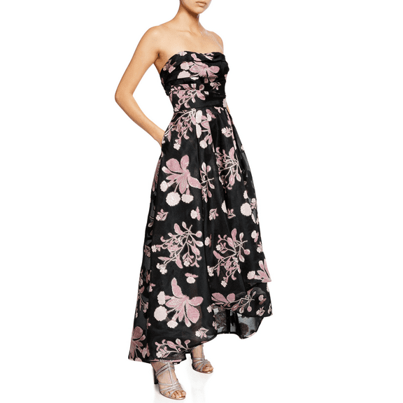 Marchesa Notte BLACK Women's Floral Embroidered High-Low Fil-Coupe Dress, US 8