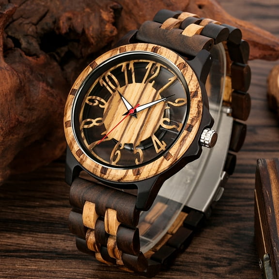 Vintage Round Zebra Wood Quartz Watch for Men - Unique Natural Wood Watch, Electronic Movement, Casual Style, Perfect Special Occasion Accessory