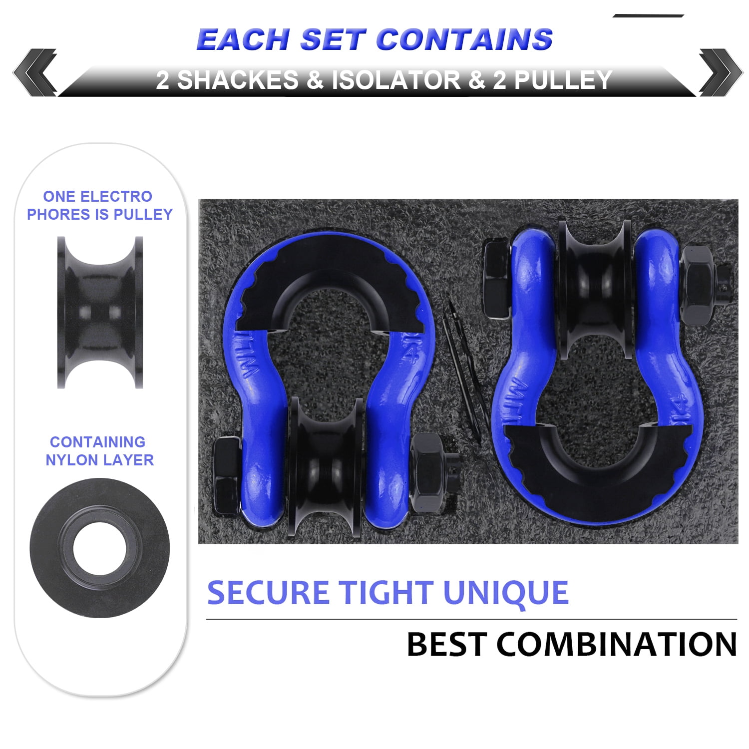 AMBULL Upgraded Snatch Block, 3/4" D Ring Shackle (2 Pack) 22,000lb Break Strength with Towing Pulley, Heavy Duty Offroad Recovery Accessory for Truck, Tractor, ATV & UTV - Blue