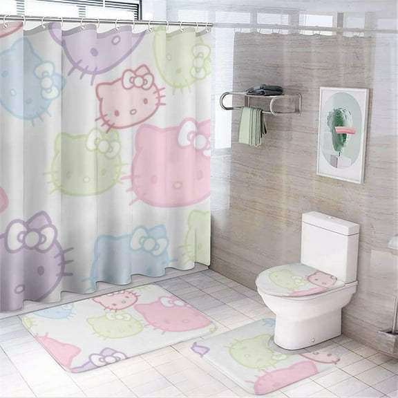 Hello Kitty 4PCS Shower Curtain Bathroom Set with Rugs, Toilet Lid Cover And Bath Mat, Shower Curtain with 12 Hooks, Durable Bathroom Decor Set