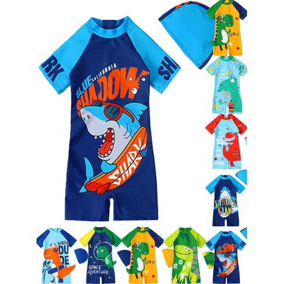 BULLPIANO 1-6T Boys Swimsuit One Piece Kid Boys Water Sport Short Swimwear UPF 50 Sun Protection Bathing Suits with Cap