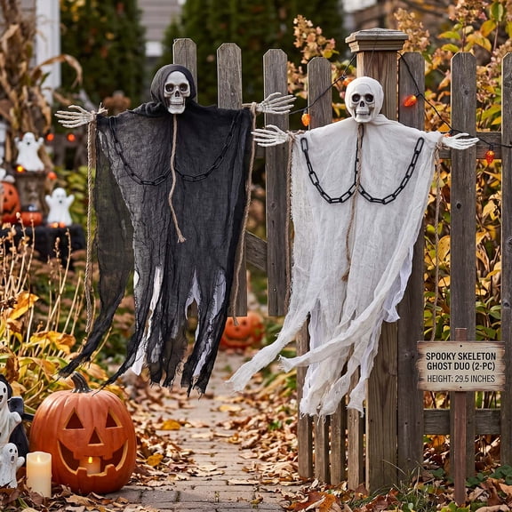 Ayieyill 2Pcs Hanging Ghost Skeleton Decorations, Spooky Halloween Decor for Outdoor Yard Haunted House Party