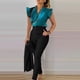 thumbnail image 4 of Conjunto de camiseta sin mangas con volantes estampada y pantalones con cinturón para mujer - Traje de blusa sin mangas - Ropa de diario, 4 of 8