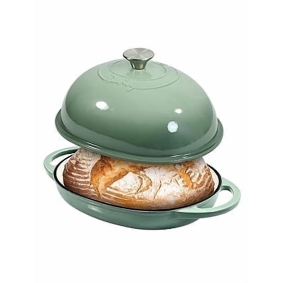 Davivy 6QT Oval Cast Iron Bread Oven with Domed Lid, Dutch Oven for Sourdough Bread, Bread Cloche Dutch Oven Sourdough Baking Pan with Lid, Sea Salt Green