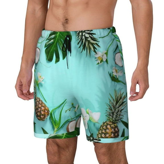 Naloa Tropical Pineapple Print Men Swim Trunks with Compression Liner ,Board Shorts,Men's Swim Shorts with Drawstring and Elastic Waistband-Small