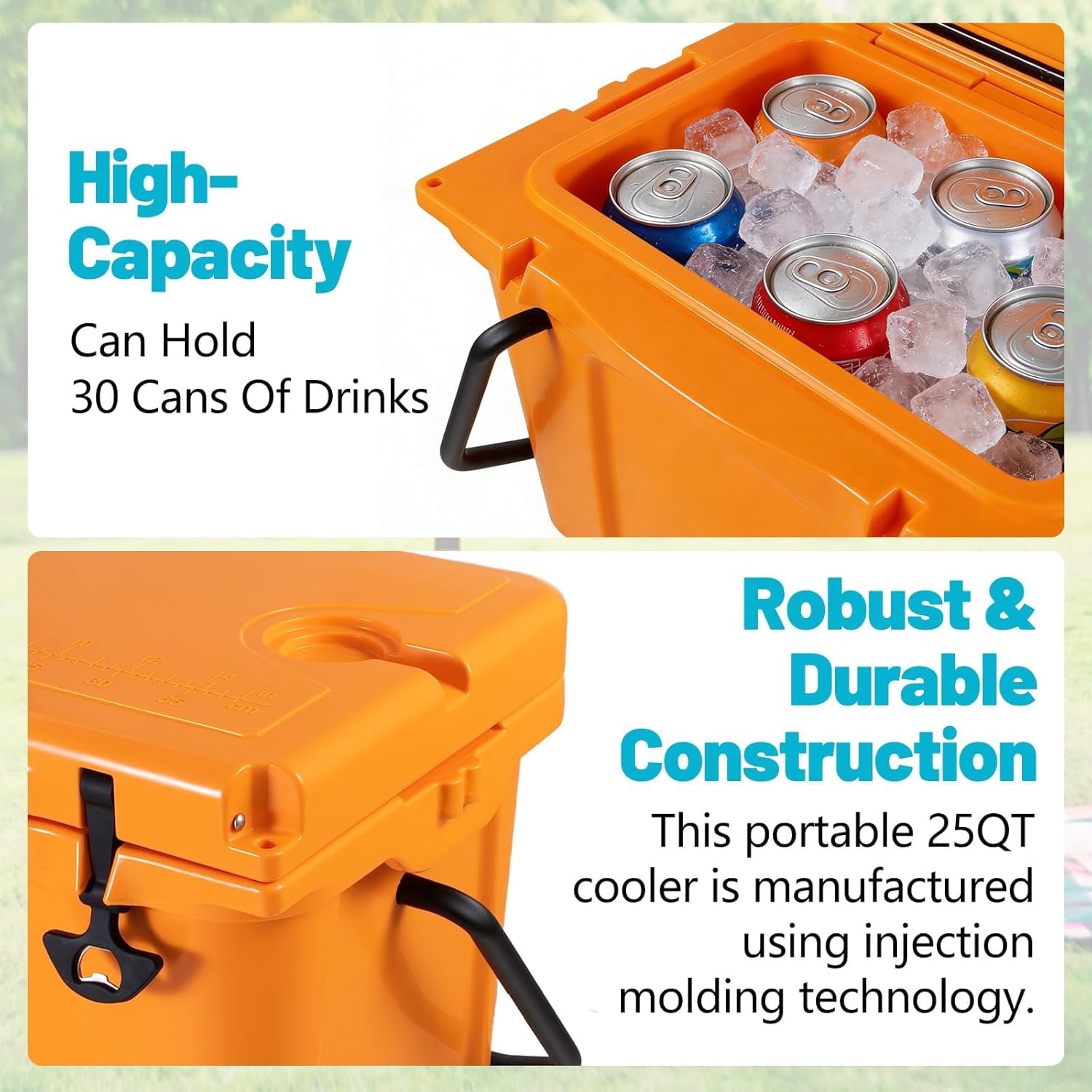 Elleree 25 Quart Hard Cooler Box, Portable Ice Chest with Bottle Opener, Cup Holder & Ruler,Heavy-Duty Ice Cooler for Camping, Fishing, Picnic, Beach