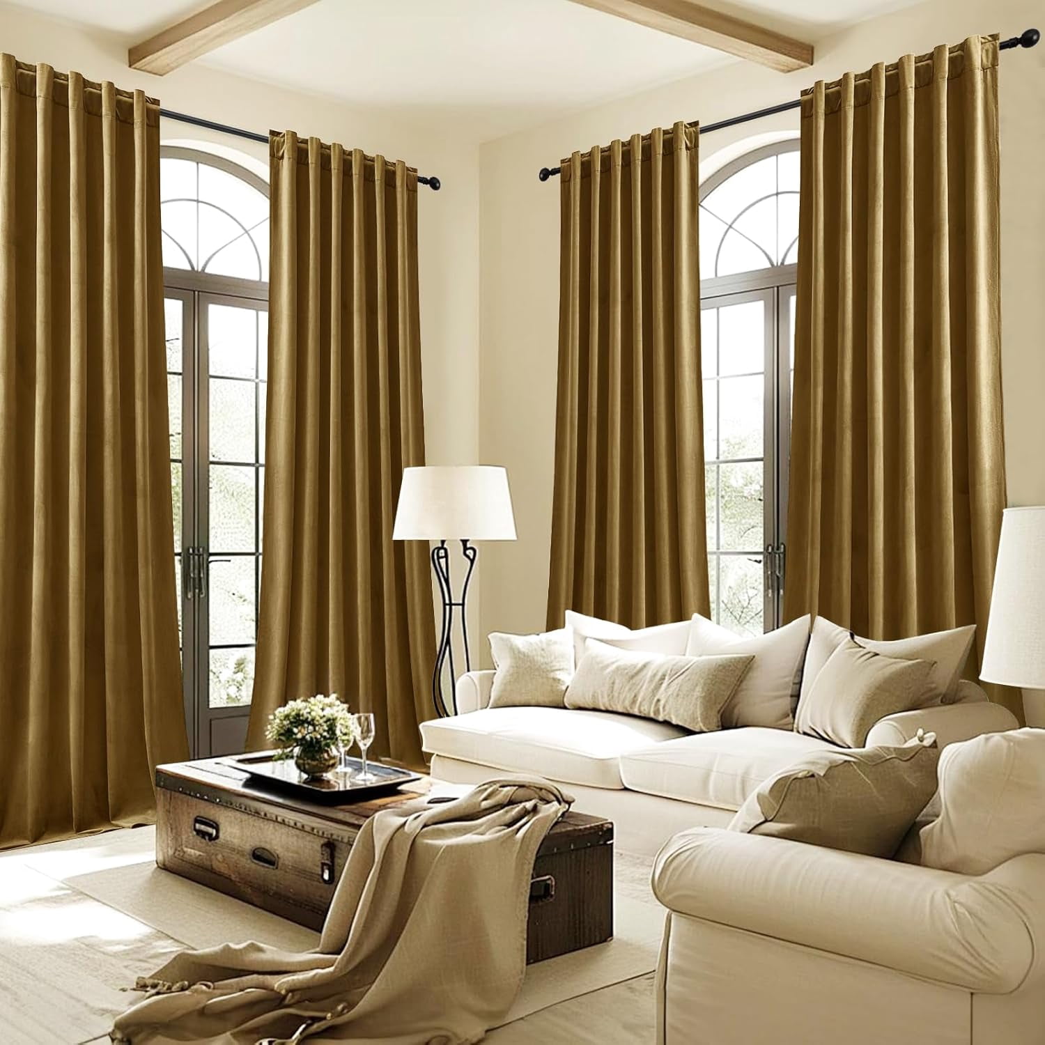 Galenzoov 52*90 inch 2 Panels Velvet Curtains for Home, Room Darkening Heat Blocking Blackout Window Curtains Back Tab Rod Pocket Drapes for Bedroom,Living room,Office,Gold Brown