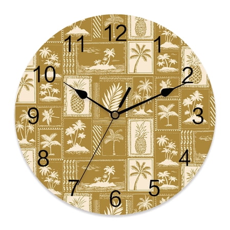 Wall Clock 12 Inch Retro Beige Leaves Round Silent Decorative Wall Clocks Battery Operated for Living Room Bedroom Kitchen Classroom Decor, Tropical Coastal Botanical Fruits Grid