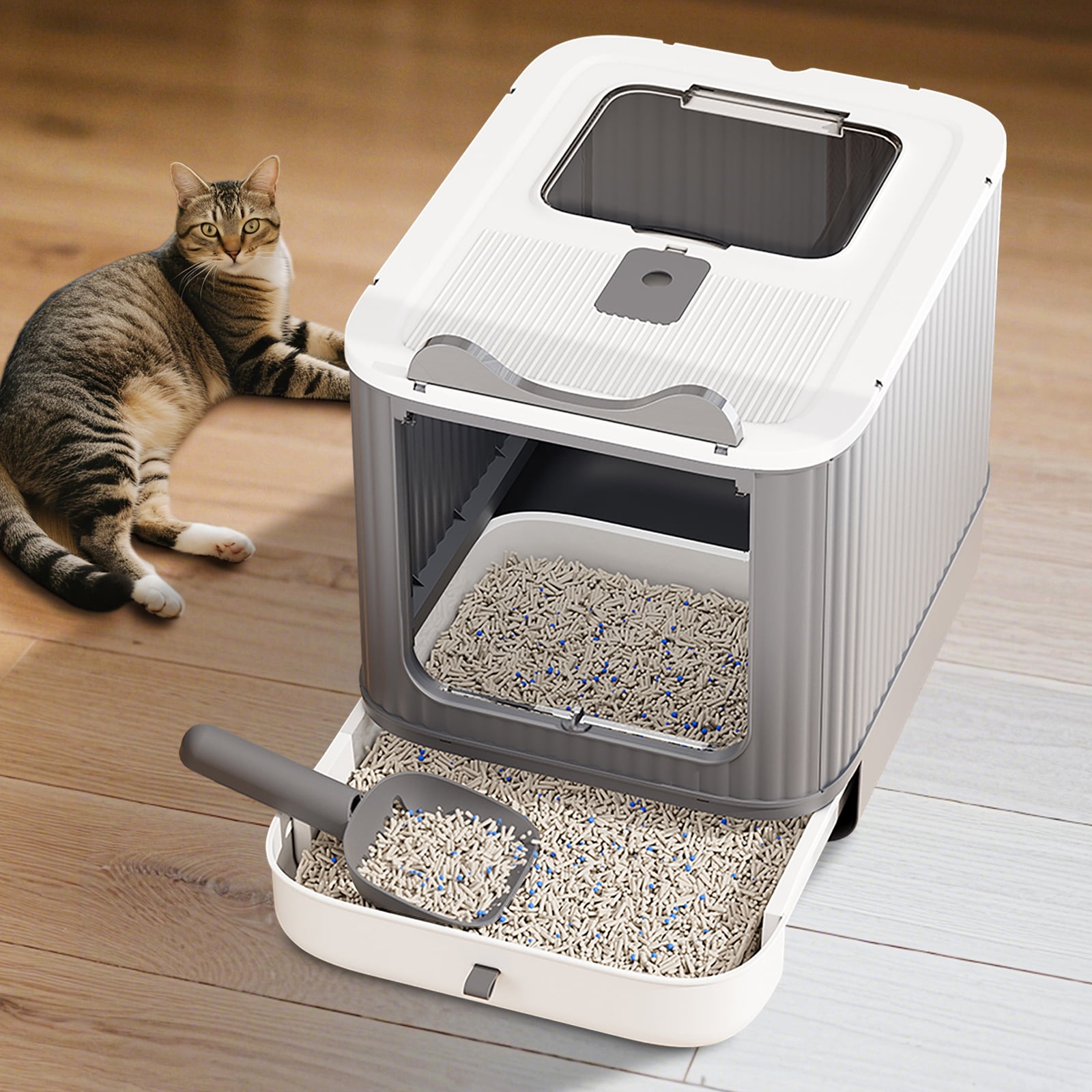 Large Capacity Cat Litter Box, Deodorizing Cat Litter Box with Tray And Shovel, Splashproof Design, Fully Enclosed Structure, Odor Isolation, Foldable Design, Equipped with Shovel, Deodorizer Bag
