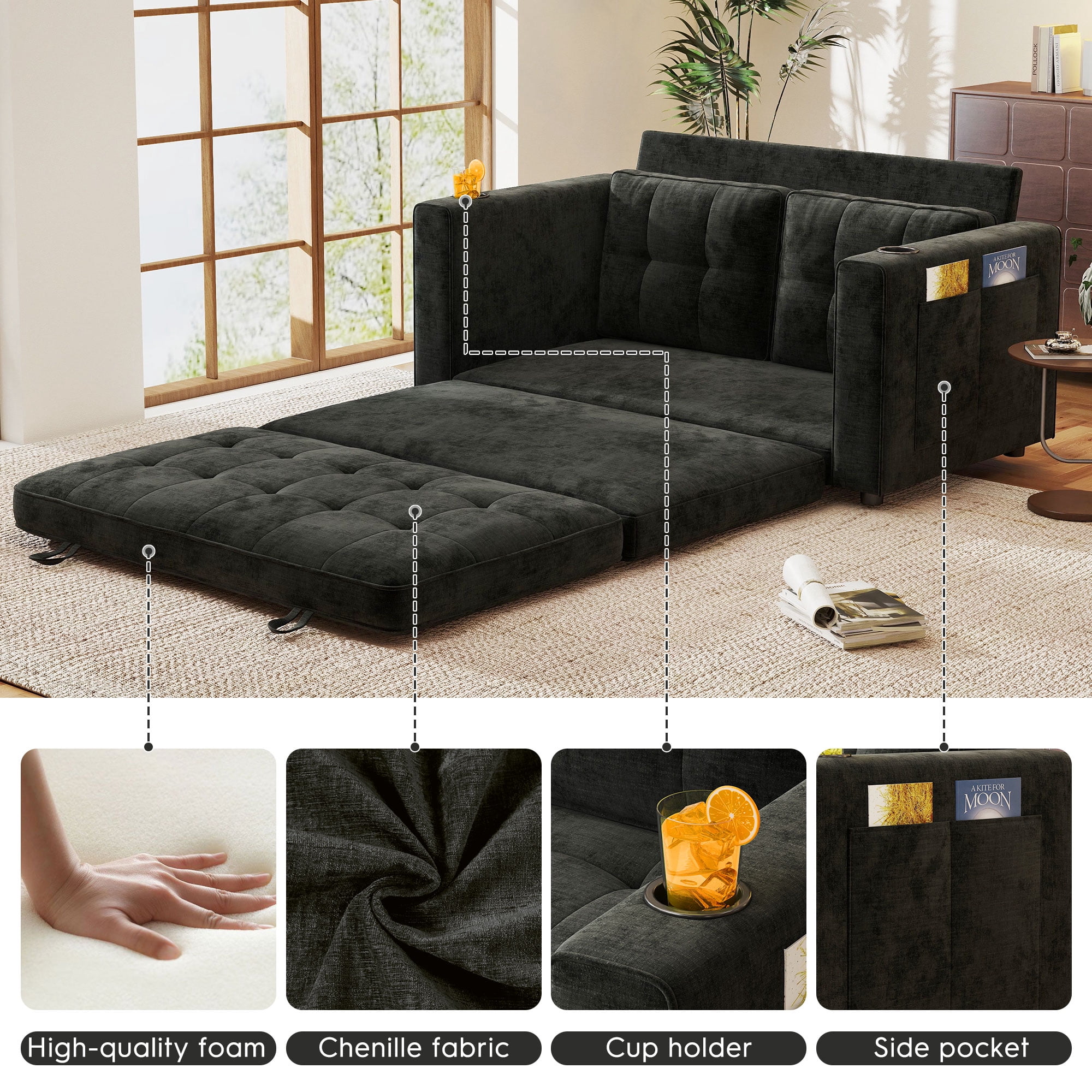 BedLuxury 55" Foldable Loveseat Futon Sofa Bed with Cup Holder & Storage Pocket, Sleeper Couch, Space Saving, Chenille Black