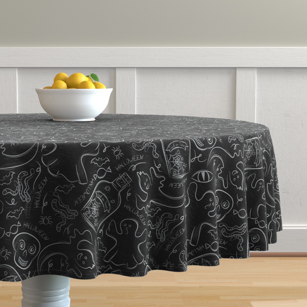 Round Tablecloth Halloween Spooky Chalkboard Ghost Skull Black Cotton