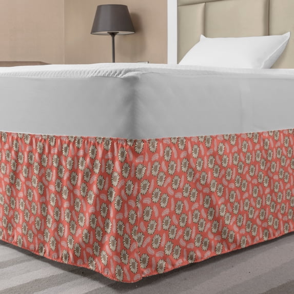 Botanical Bed Skirt, Floral Theme Along Romantic Flowers and White Leaves Pattern on Coral Backdrop, Elastic Bedskirt Dust Ruffle Wrap Around for Bedding Decor, 4 Sizes, Multicolor, by Ambesonne