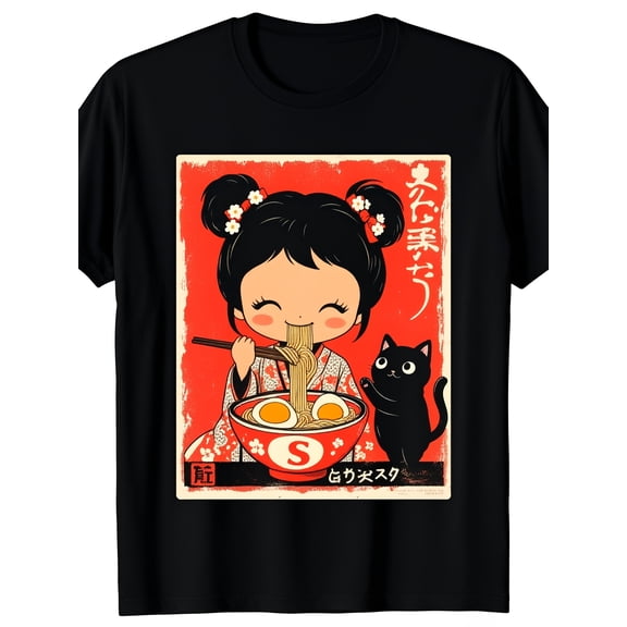 Cute Japanese Inspired Graphic T-Shirt for Women, Kawaii Ramen Bowl Girl and Black Cat Retro Print Casual Crew Neck Short Sleeve Tee