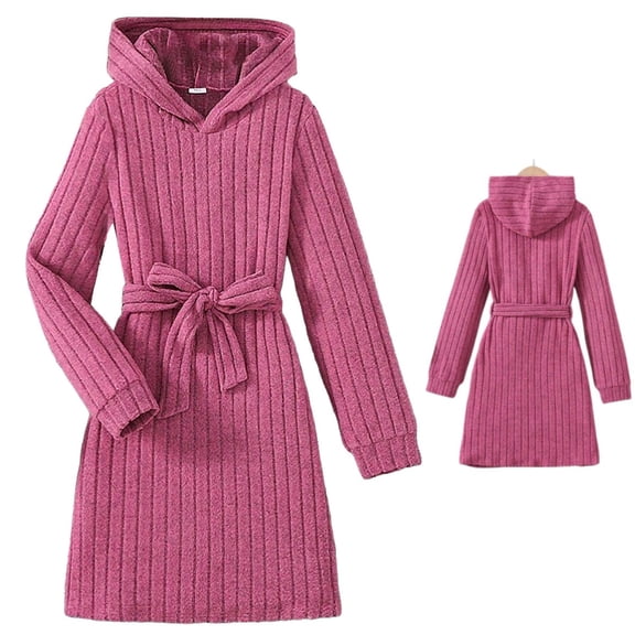 HJYCHN Girls Dresses Long Sleeve Hooded Ribbed Knit Dress with Tie Belt for Toddler Dress 9-10 Years