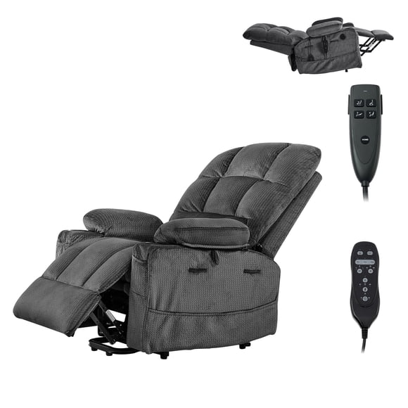 KFFKFF Power Lift Recliner Chair, Dual Motor, Large Electric Lift Chair with Heat and Massage for Elderly, Infinite Position Adjustment, Velvet Fabric, Dark Gray