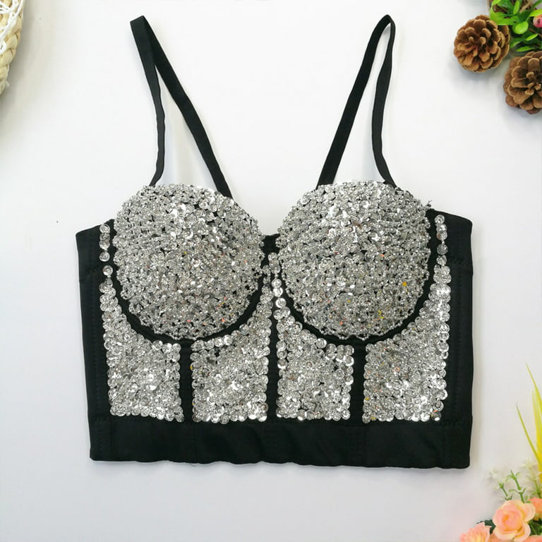 HGYCPP Women Glitter Sequins Beaded Bustier Bra Rave Festival Jewelry Push  Up Corset Camisole Night Club Bralette Sling Vest