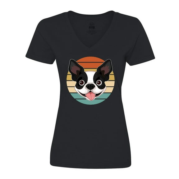Inktastic Boston Terrier Dog Retro Sunset Women's V-Neck T-Shirt