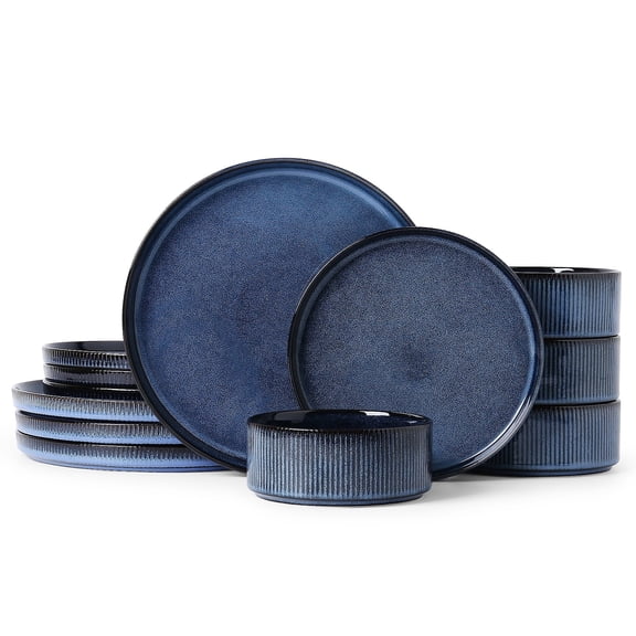 ALOFMO 12-Piece Blue Ribbed Stoneware Dinnerware Set, Service for 4, Reactive Glaze Plates and Bowls, Dishwasher Safe, Microwave Safe, Modern Kitchen Dinner Set for Home