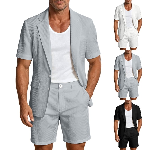 Wrtxtat Men's Suits 2 Piece Set Seersucker Textured Knit Blazer Jacket Shorts Suits Summer Tuxedo Sets Grooms Prom Party Wedding Gray M