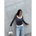 thumbnail image 4 of Chemises à Manches Longues pour Femmes Col Rond Décontracté Faux Deux Pièces Ajusté Côtelé Tops Été Automne Travail Tee Gris Foncé L, 4 of 8
